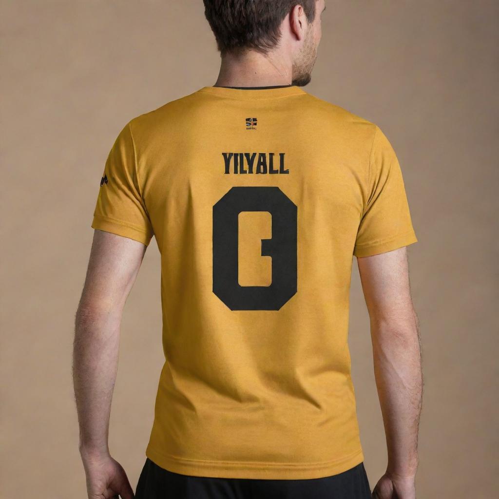 A regal, front and back view of a volleyball t-shirt designed in rich gold and black. The front showcases the team logo while the back carries the player's number, both contrasted against the golden fabric with black.