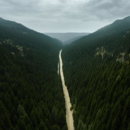 A long, smooth freeway cutting serenely through a landscape lined with a dense forest and colossal boulders.