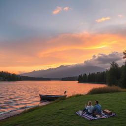 A serene landscape featuring a tranquil lake surrounded by lush green trees, with a stunning sunset reflecting off the water