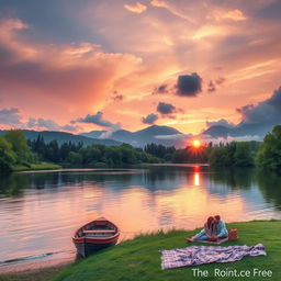 A serene landscape featuring a tranquil lake surrounded by lush green trees, with a stunning sunset reflecting off the water