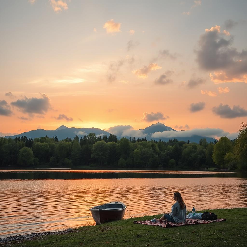 A serene landscape featuring a tranquil lake surrounded by lush green trees, with a stunning sunset reflecting off the water