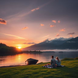 A serene landscape featuring a tranquil lake surrounded by lush green trees, with a stunning sunset reflecting off the water