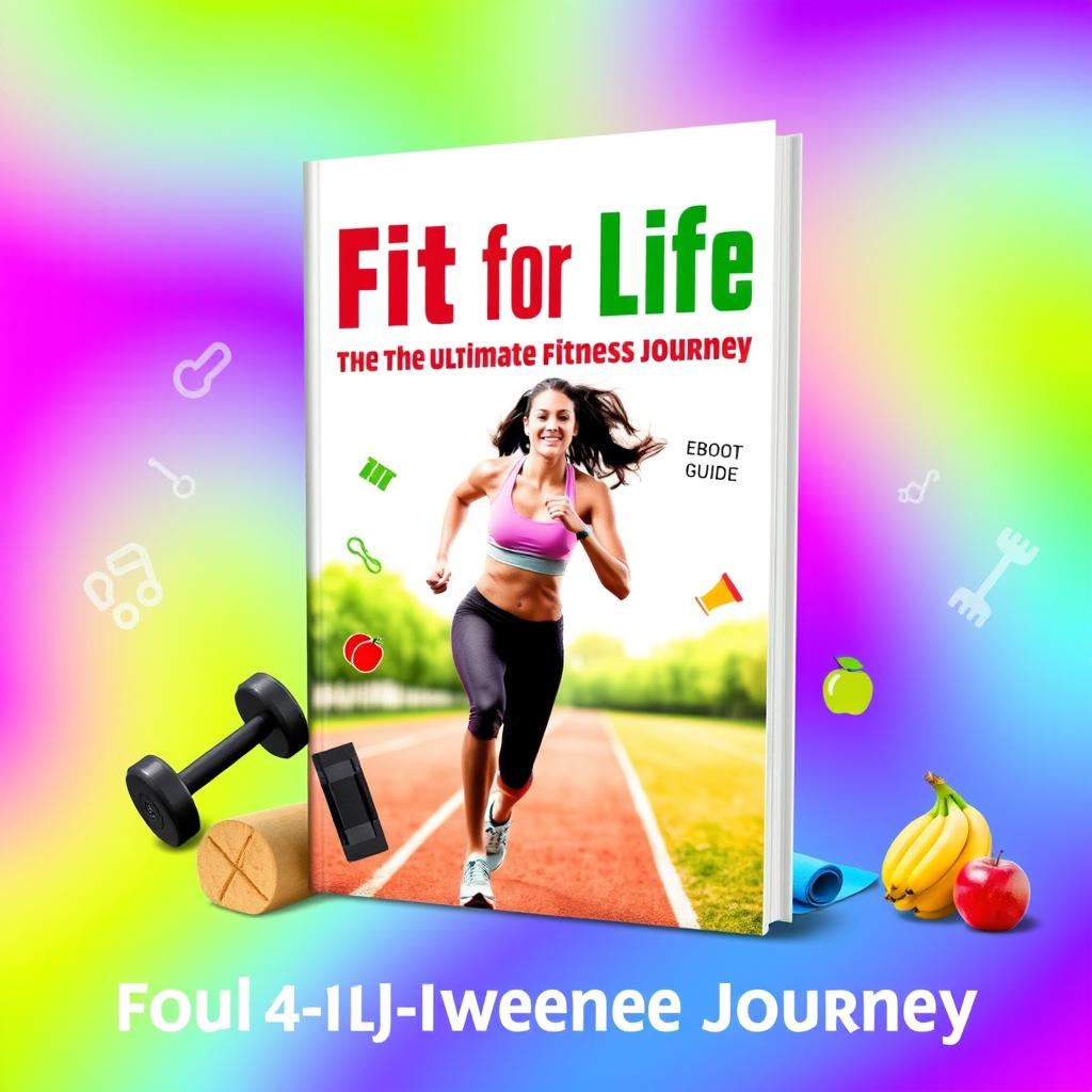 A vibrant and energetic eBook cover for a fitness guide, showcasing various elements of health and wellness