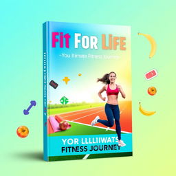 A vibrant and energetic eBook cover for a fitness guide, showcasing various elements of health and wellness