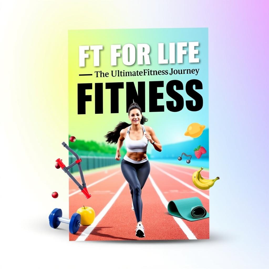 A vibrant and energetic eBook cover for a fitness guide, showcasing various elements of health and wellness