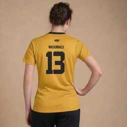 A regal, front and back view of a volleyball t-shirt designed in rich gold and black. The front showcases the team logo while the back carries the player's number, both contrasted against the golden fabric with black.