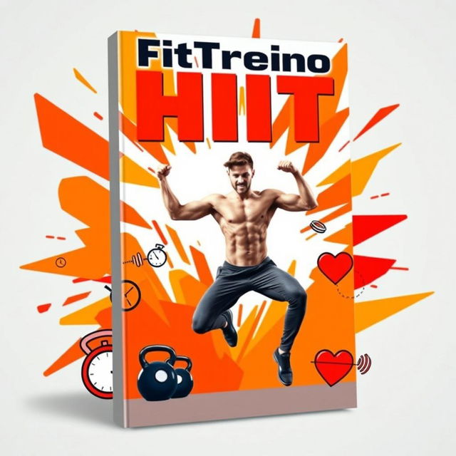 A lively and motivating eBook cover for a HIIT (High-Intensity Interval Training) fitness program titled 'FitTreino HIIT'