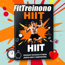 A lively and motivating eBook cover for a HIIT (High-Intensity Interval Training) fitness program titled 'FitTreino HIIT'