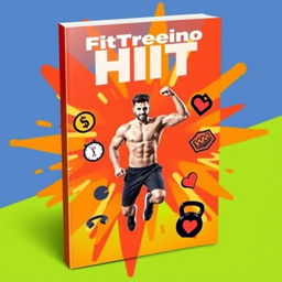 A lively and motivating eBook cover for a HIIT (High-Intensity Interval Training) fitness program titled 'FitTreino HIIT'