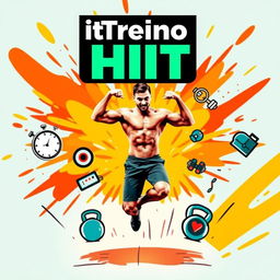 A lively and motivating eBook cover for a HIIT (High-Intensity Interval Training) fitness program titled 'FitTreino HIIT'