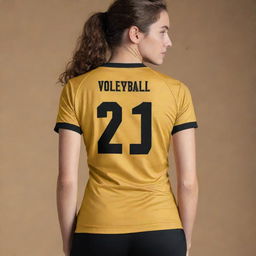 A regal, front and back view of a volleyball t-shirt designed in rich gold and black. The front showcases the team logo while the back carries the player's number, both contrasted against the golden fabric with black.