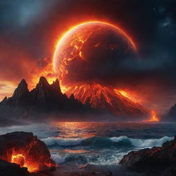 An animated, vibrant universe teeming with fictional elements, starring an amazing Earth-like planet sitting majestically amidst a cosmic ocean, near a fiery volcano planet. This surreal scene combines awe-inspiring natural beauty, fantasy, and sci-fi elements.