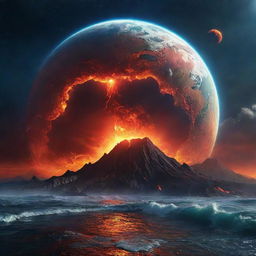 An animated, vibrant universe teeming with fictional elements, starring an amazing Earth-like planet sitting majestically amidst a cosmic ocean, near a fiery volcano planet. This surreal scene combines awe-inspiring natural beauty, fantasy, and sci-fi elements.