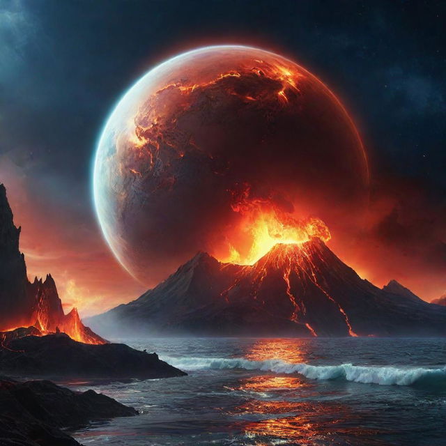 An animated, vibrant universe teeming with fictional elements, starring an amazing Earth-like planet sitting majestically amidst a cosmic ocean, near a fiery volcano planet. This surreal scene combines awe-inspiring natural beauty, fantasy, and sci-fi elements.