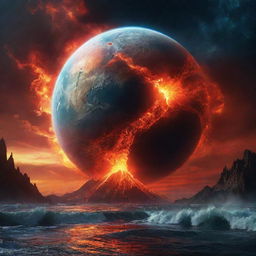 An animated, vibrant universe teeming with fictional elements, starring an amazing Earth-like planet sitting majestically amidst a cosmic ocean, near a fiery volcano planet. This surreal scene combines awe-inspiring natural beauty, fantasy, and sci-fi elements.