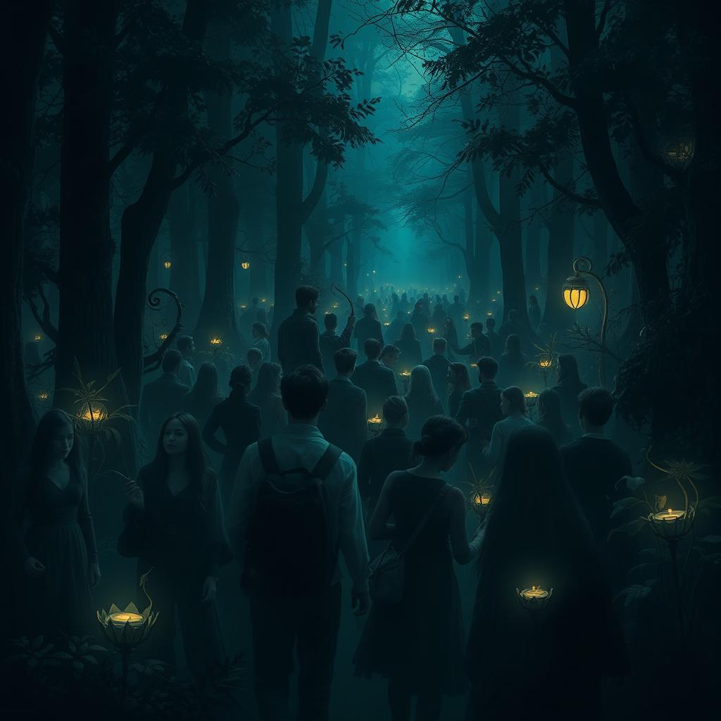 A dense forest filled with many people, all enveloped in a mysterious darkness