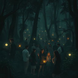 A dense forest filled with many people, all enveloped in a mysterious darkness