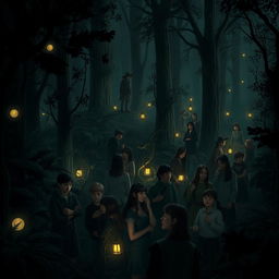 A dense forest filled with many people, all enveloped in a mysterious darkness