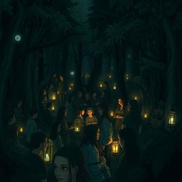 A dense forest filled with many people, all enveloped in a mysterious darkness