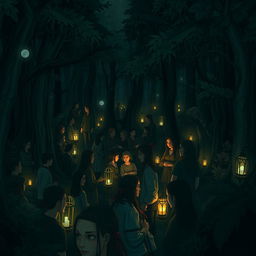 A dense forest filled with many people, all enveloped in a mysterious darkness