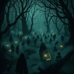 A haunting forest scene filled with numerous people, creating a suspenseful and horror-themed atmosphere