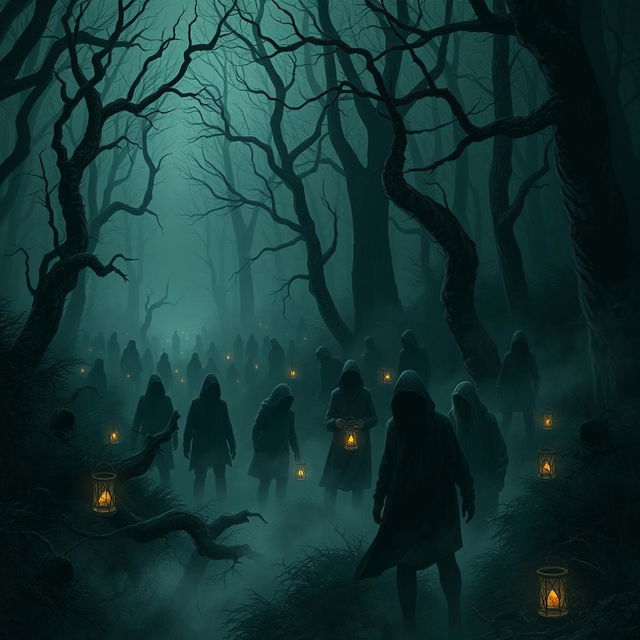 A haunting forest scene filled with numerous people, creating a suspenseful and horror-themed atmosphere