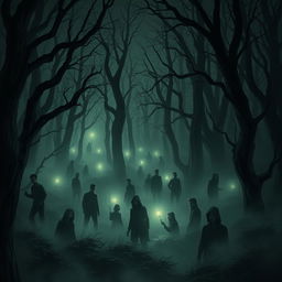 A haunting forest scene filled with numerous people, creating a suspenseful and horror-themed atmosphere