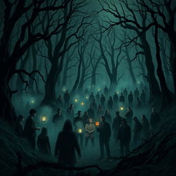 A haunting forest scene filled with numerous people, creating a suspenseful and horror-themed atmosphere