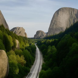 A long, smooth freeway cutting serenely through a landscape lined with a dense forest and colossal boulders.