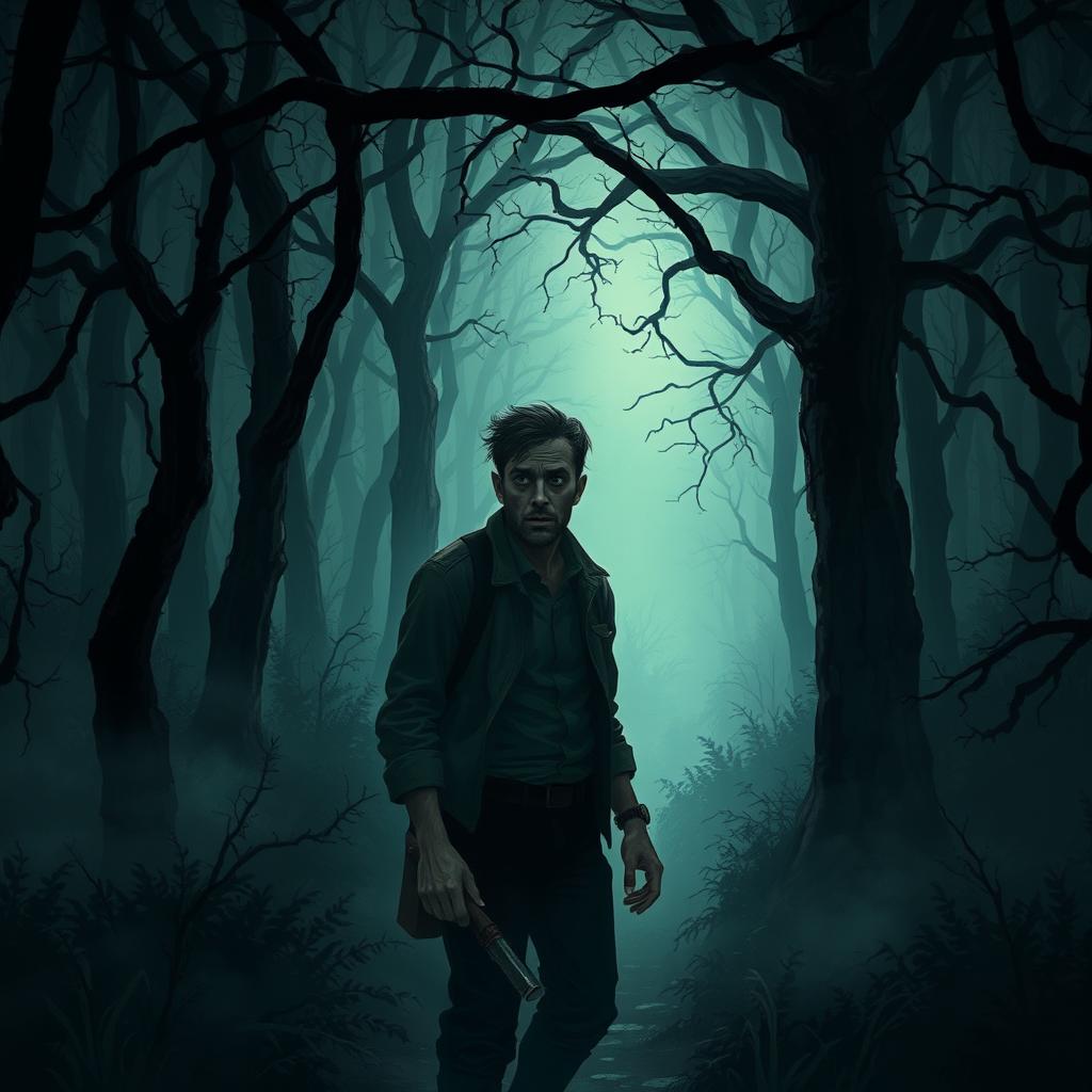 A chilling scene depicting a man lost in a dark and foreboding forest, evoking a sense of horror