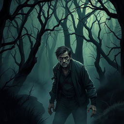 A chilling scene depicting a man lost in a dark and foreboding forest, evoking a sense of horror