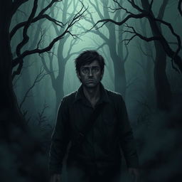 A chilling scene depicting a man lost in a dark and foreboding forest, evoking a sense of horror