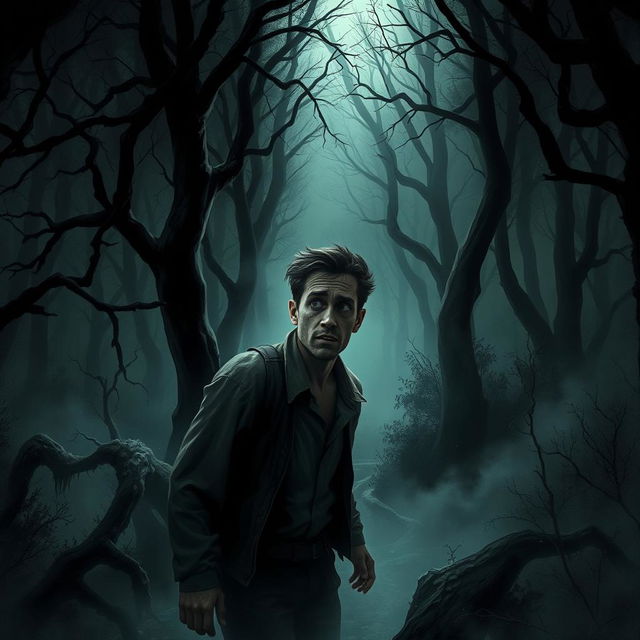 A chilling scene depicting a man lost in a dark and foreboding forest, evoking a sense of horror