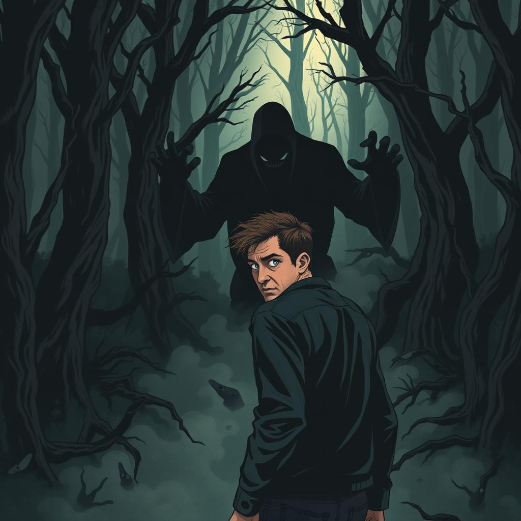 A terrifying scene of a man lost in a dark, sinister forest, being pursued by ominous shadows that loom ominously behind him