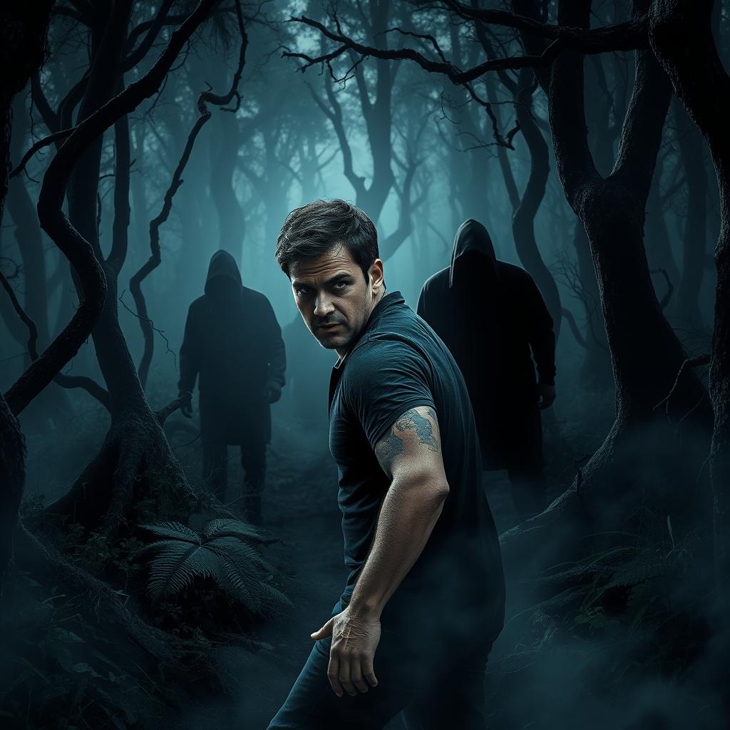 A hyper-realistic and terrifying scene of a man lost in a dark forest, being hunted by menacing shadows that loom ominously behind him