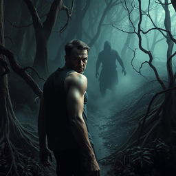 A hyper-realistic and terrifying scene of a man lost in a dark forest, being hunted by menacing shadows that loom ominously behind him