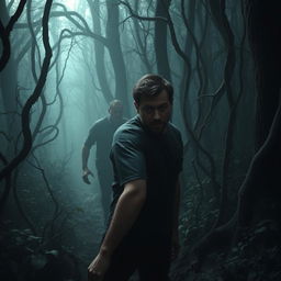 A hyper-realistic and terrifying scene of a man lost in a dark forest, being hunted by menacing shadows that loom ominously behind him