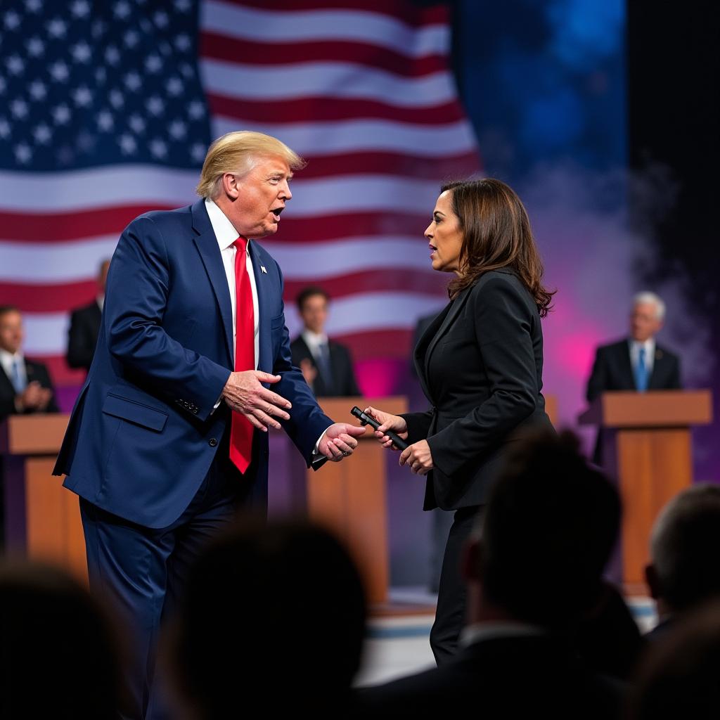 Donald Trump and Kamala Harris are locked in a fiercely intense political debate on a dramatic stage, with podiums and microphones, and a large US flag prominently displayed in the background