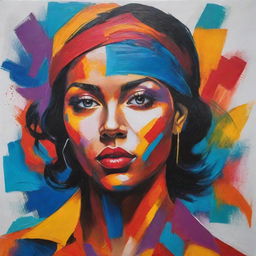 Create a bold and empowering piece of artwork that symbolizes the strength, resilience and power of women, using vibrant colours and dynamic shapes.