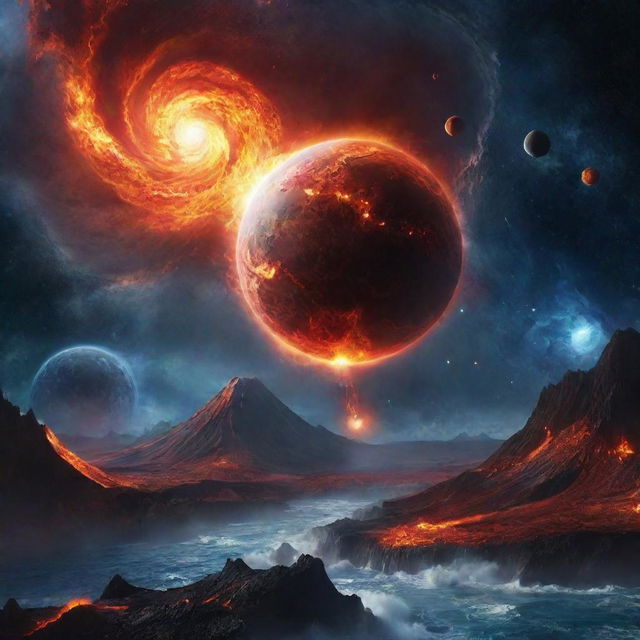 A spectacular animated image of a fantastical universe. Depict an amazing Earth-like planet surrounded by a cosmic ocean, a fiery volcano planet, all swirling amidst galaxies, nebulae, and celestial bodies. The scene combines nature, fantasy, and cosmic wonders.