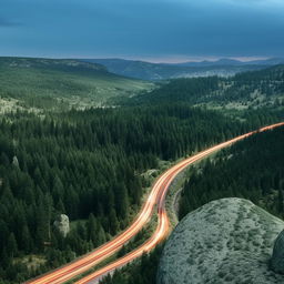 A long, smooth freeway cutting serenely through a landscape lined with a dense forest and colossal boulders.