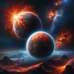 A spectacular animated image of a fantastical universe. Depict an amazing Earth-like planet surrounded by a cosmic ocean, a fiery volcano planet, all swirling amidst galaxies, nebulae, and celestial bodies. The scene combines nature, fantasy, and cosmic wonders.