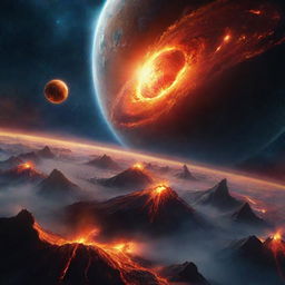 A spectacular animated image of a fantastical universe. Depict an amazing Earth-like planet surrounded by a cosmic ocean, a fiery volcano planet, all swirling amidst galaxies, nebulae, and celestial bodies. The scene combines nature, fantasy, and cosmic wonders.