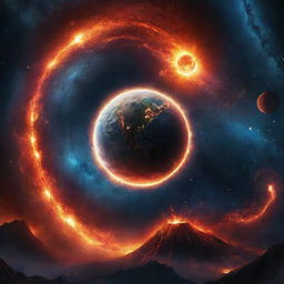 A spectacular animated image of a fantastical universe. Depict an amazing Earth-like planet surrounded by a cosmic ocean, a fiery volcano planet, all swirling amidst galaxies, nebulae, and celestial bodies. The scene combines nature, fantasy, and cosmic wonders.