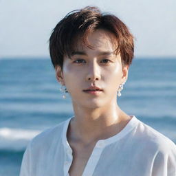 A portrait of Jeon Jungkook from BTS, portrayed as a glowing white pearl emerging from a beautiful ocean