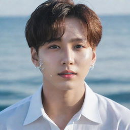 A portrait of Jeon Jungkook from BTS, portrayed as a glowing white pearl emerging from a beautiful ocean