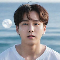 A portrait of Jeon Jungkook from BTS, portrayed as a glowing white pearl emerging from a beautiful ocean