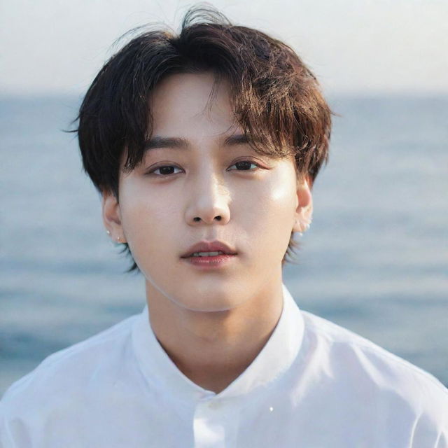 A portrait of Jeon Jungkook from BTS, portrayed as a glowing white pearl emerging from a beautiful ocean