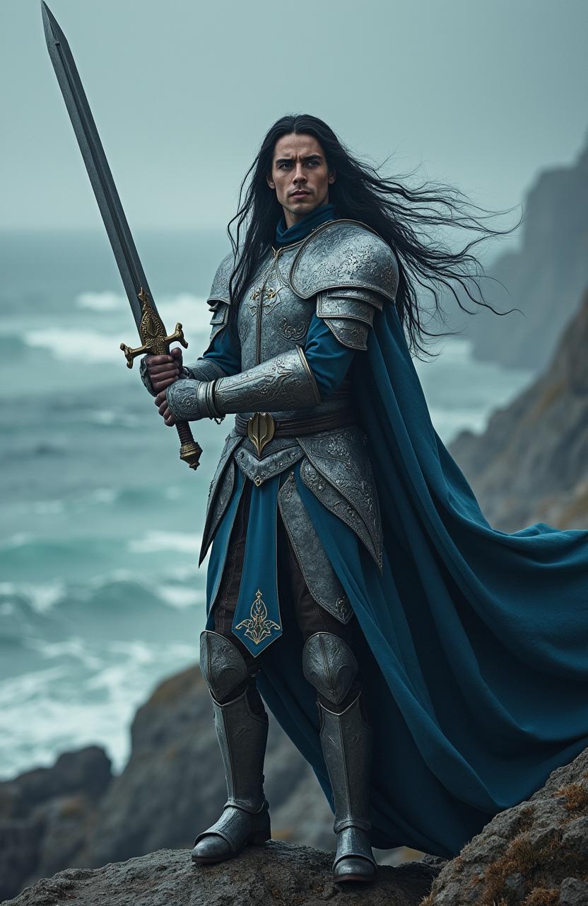 A hyper-realistic live-action representation of Fingolfin, the noble elf from Tolkien's legendarium, depicted with a powerful stance as he wields his sword