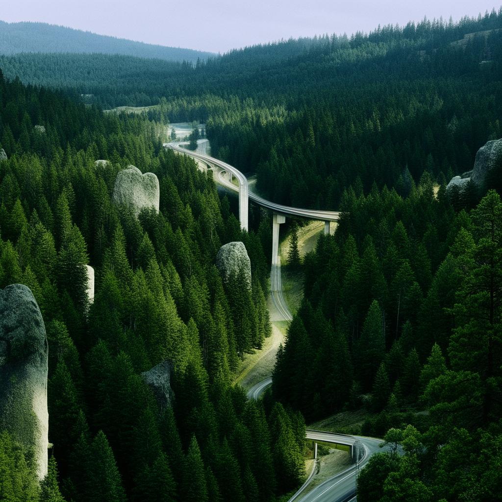 A long, smooth freeway cutting serenely through a landscape lined with a dense forest and colossal boulders.